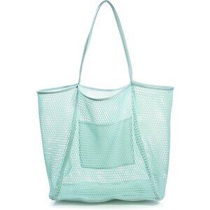 Women's Ice Blue Mesh Beach Nylon & Polyester No-closure Tote Shoulder Handbag